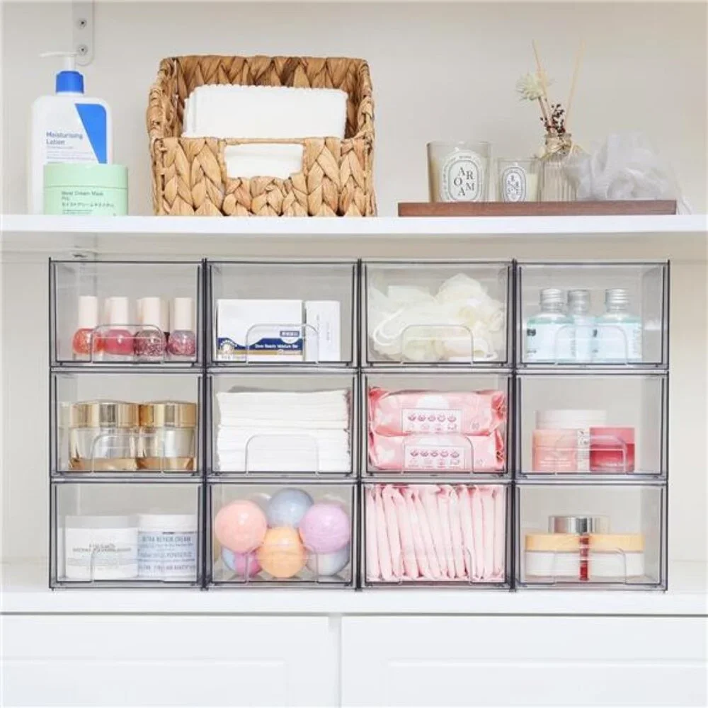 4 Pack Clear Stackable Storage Drawers, 4.4'' Tall Acrylic Bathroom Organizer